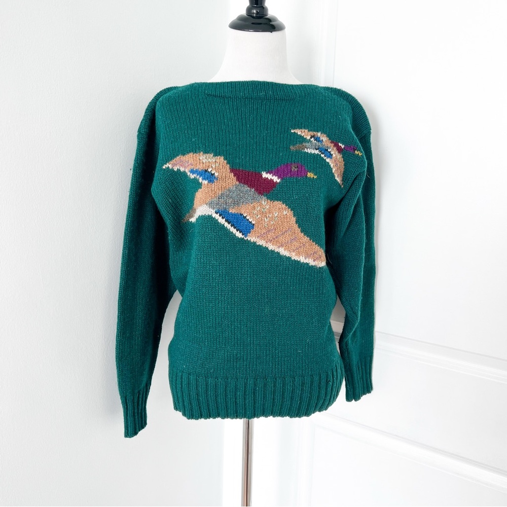 Vintage Ralph Lauren Shetland Wool Teal Sweater with Mallard Duck Hand Knit - Picture 1 of 3